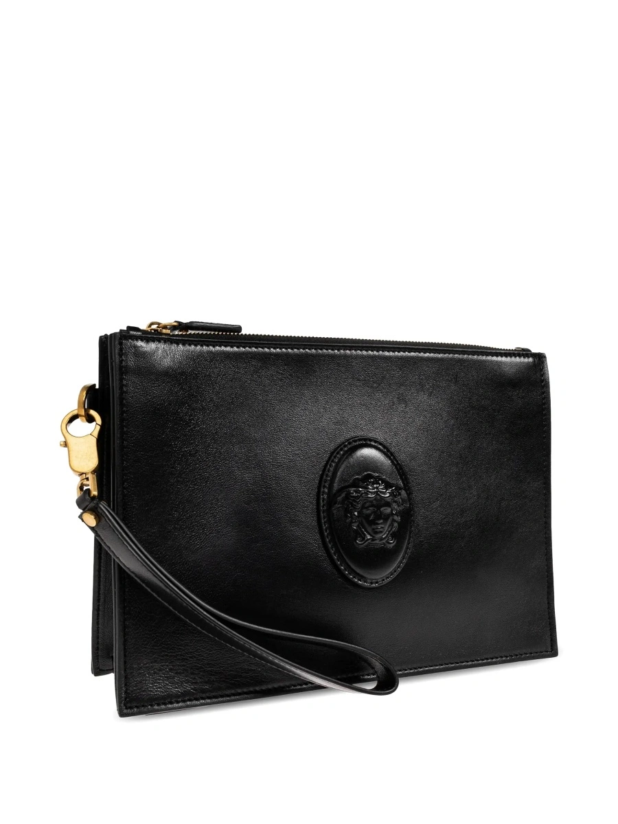 Geanta de mana Black Clutch with removable wrist strap and Medusa on the front in leather for men - Img 6