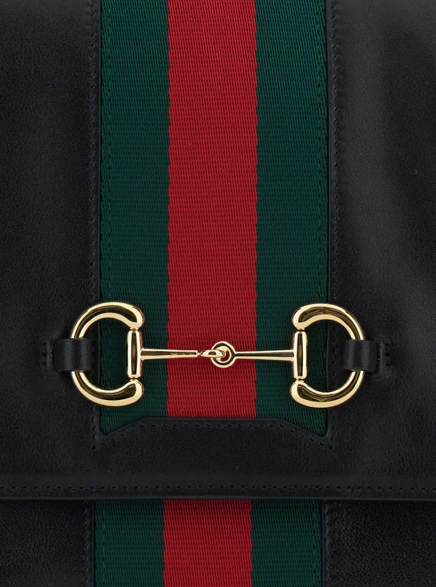 Geanta de mana Black Handbag with Web Detail and Horsebit Plaque on the Front in Leather for Women - Img 3