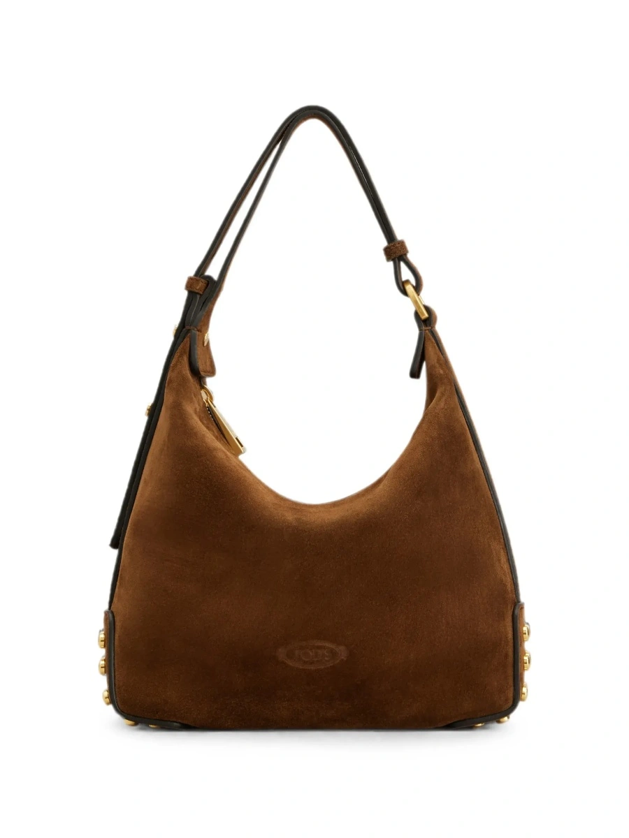 Geanta de mana Brown Handbag with top handle and metal dots in suede for women - Img 8