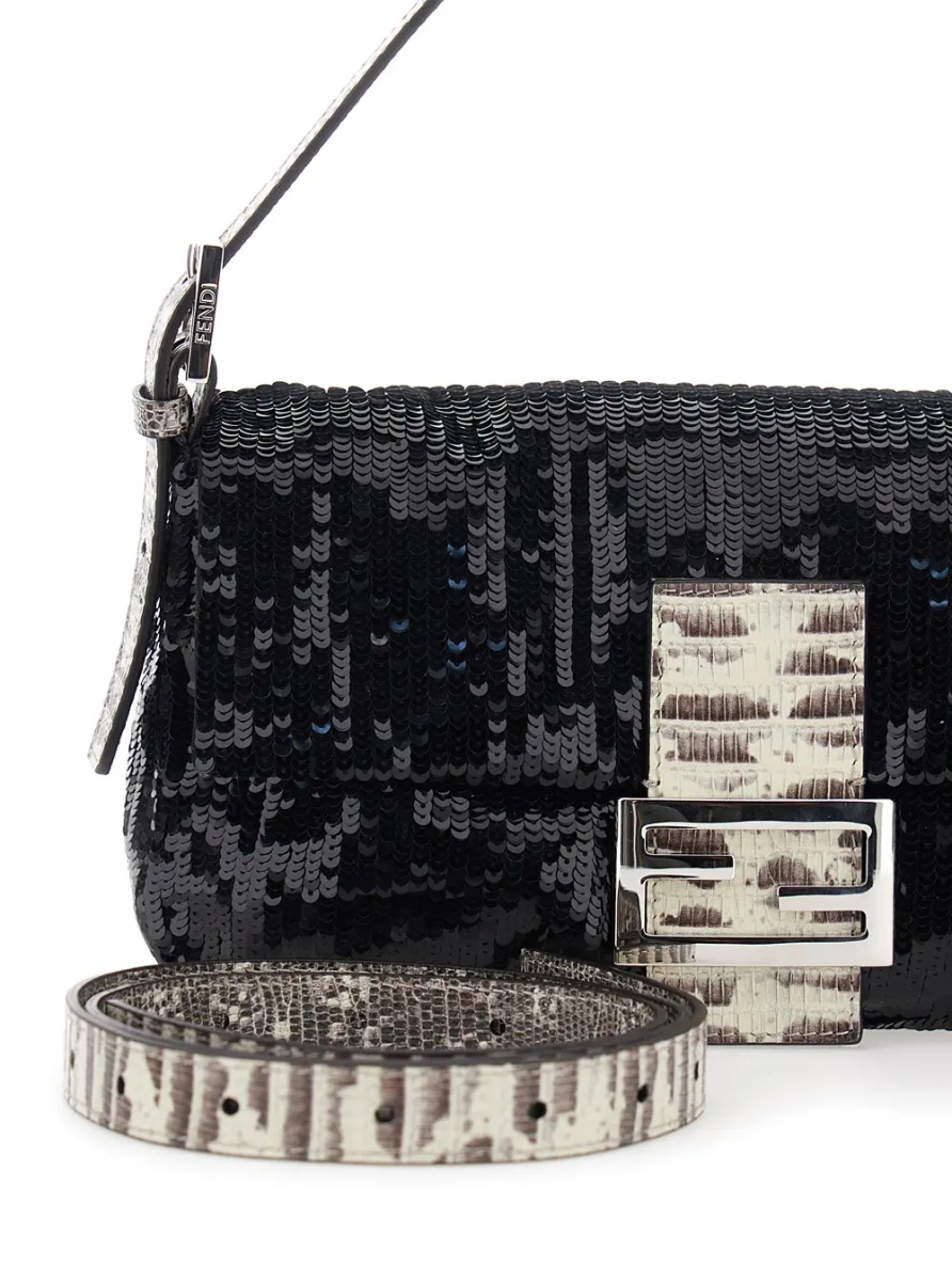 Geanta de umar Black Shoulder bag with All-Over Sequins and FF plate on the Front in Tech Fabric for Women - Img 3