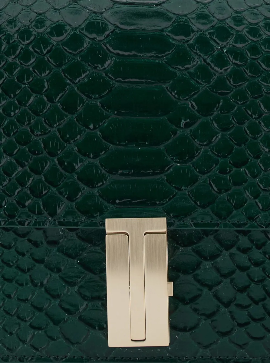 Geanta de umar Green Crossbody bag with T closure in glossy snake effect leather for women - Img 3