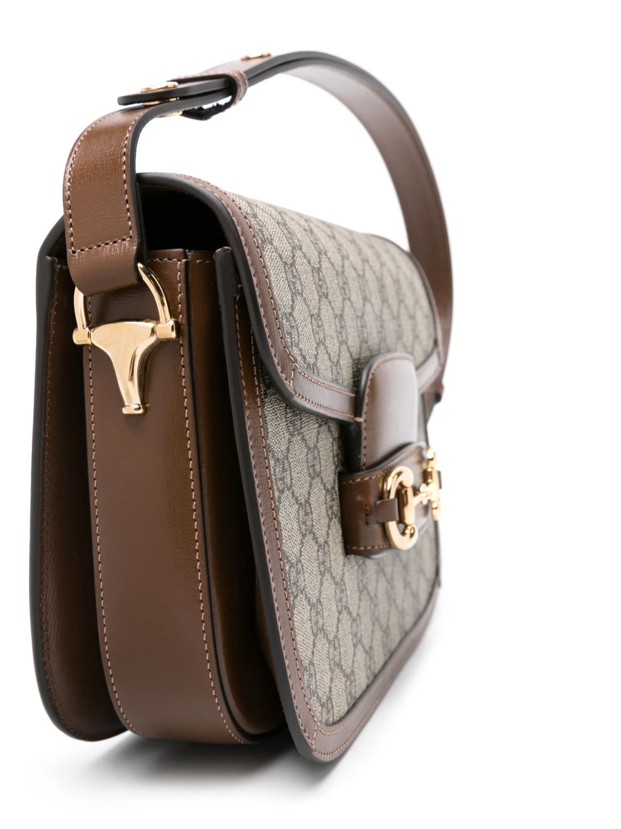 Geanta de umar Gucci Horsebit maro din piele si material textil - Img 4