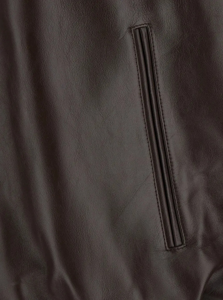 Jacheta Brown Leather Jacket with Pointed Collar and Maxi Logo Printed on the Back for Men - Img 3