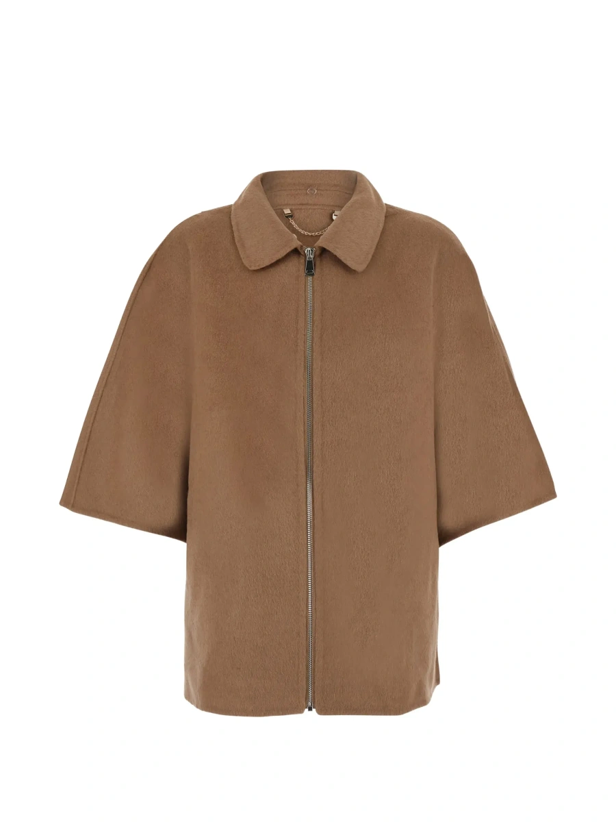 Palton Beige fur coat with removable fur collar and wide short sleeves in eco fur for women - Img 6