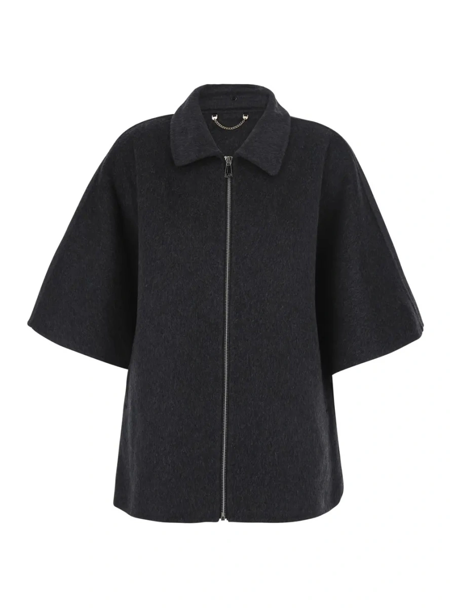 Palton Gray fur coat with removable fur collar and wide short sleeves in eco fur for women - Img 4
