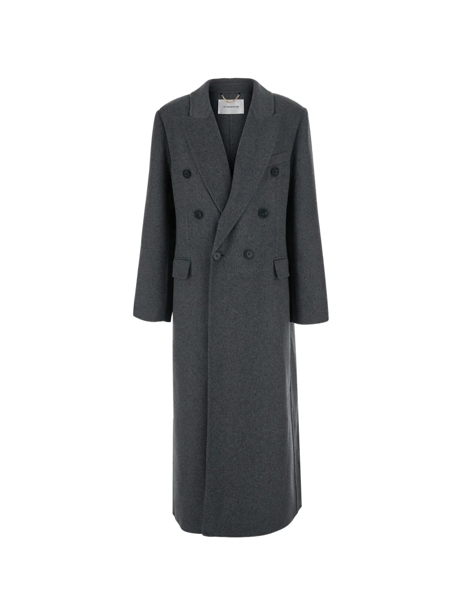 Palton Grey Coat with wide notched revers and belt on the back in wool and cashmere for women - Img 5