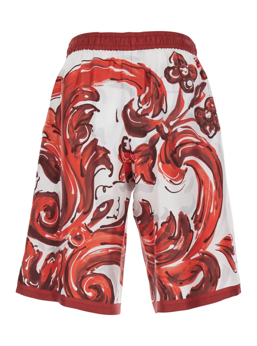 Pantaloni Bordeaux Bermuda Shorts with elasticated waist and drawstring and all-over Maiolica print in silk for men - Img 2