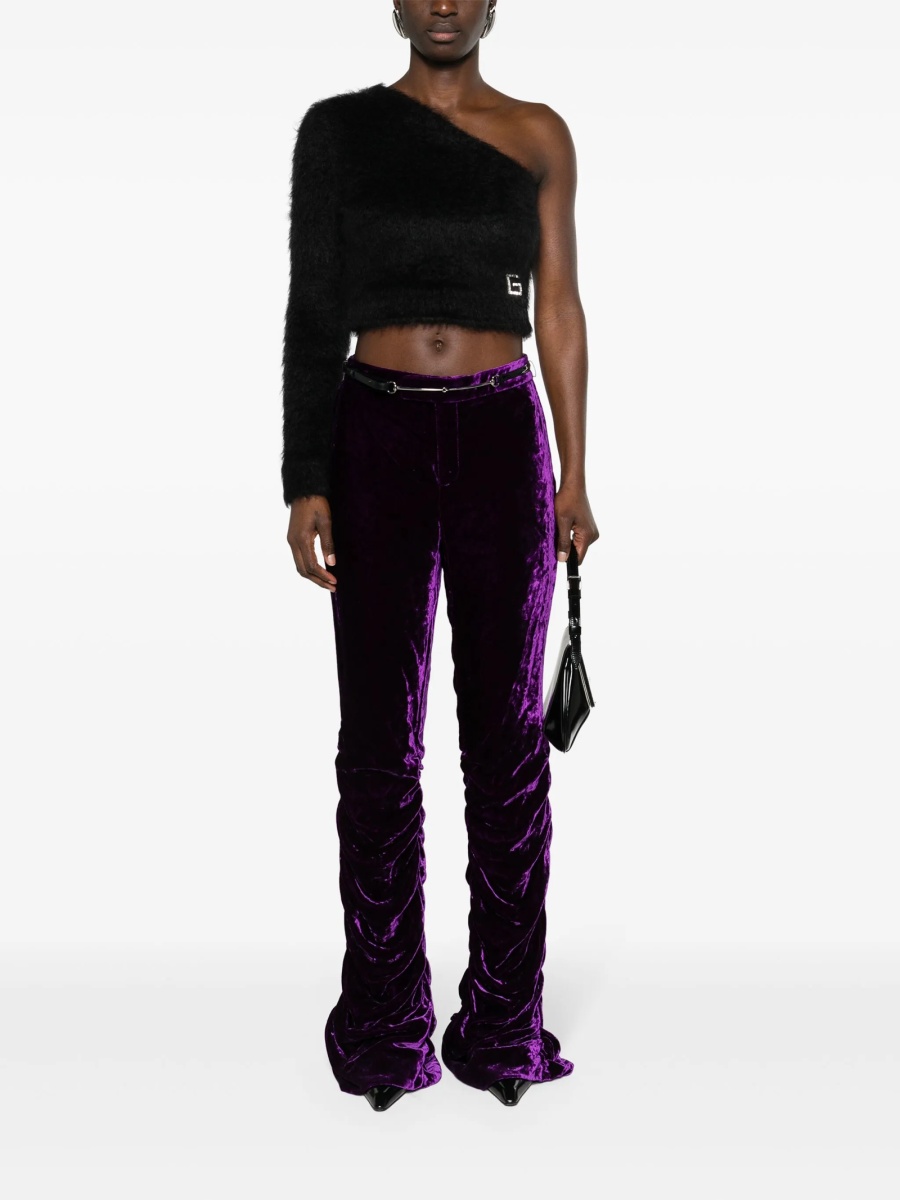 Pantaloni slim fit Gucci Horsebit violet din vascoza si piele - Img 2