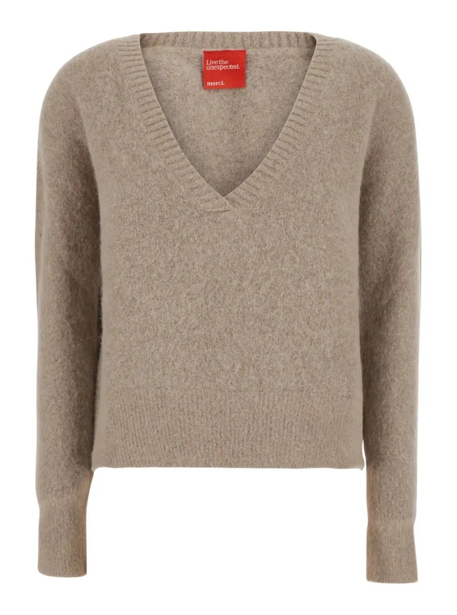 Pulover Beige sweater with V neck in wool blend for women - Img 3