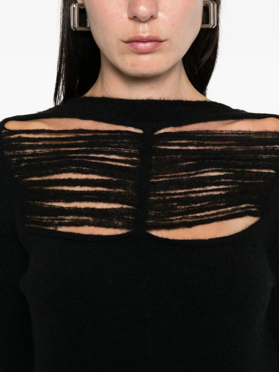 Pulover Black Sweater with Distressed Effect and Cut-Out Details on the Front in Alpaca Blend Woman - Img 7