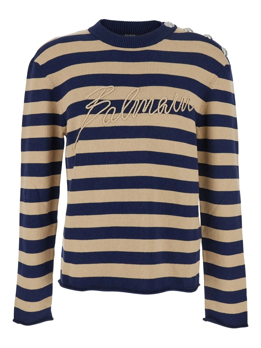Pulover Blue Crewneck Sweater with Logo Lettering on the Front and All-Over Striped Motif in Wool Woman - Img 6