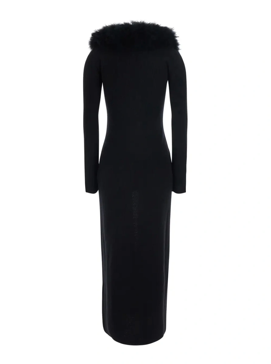 Rochii Black Long Dress with High Fur Collar in Wool for Women - Img 2