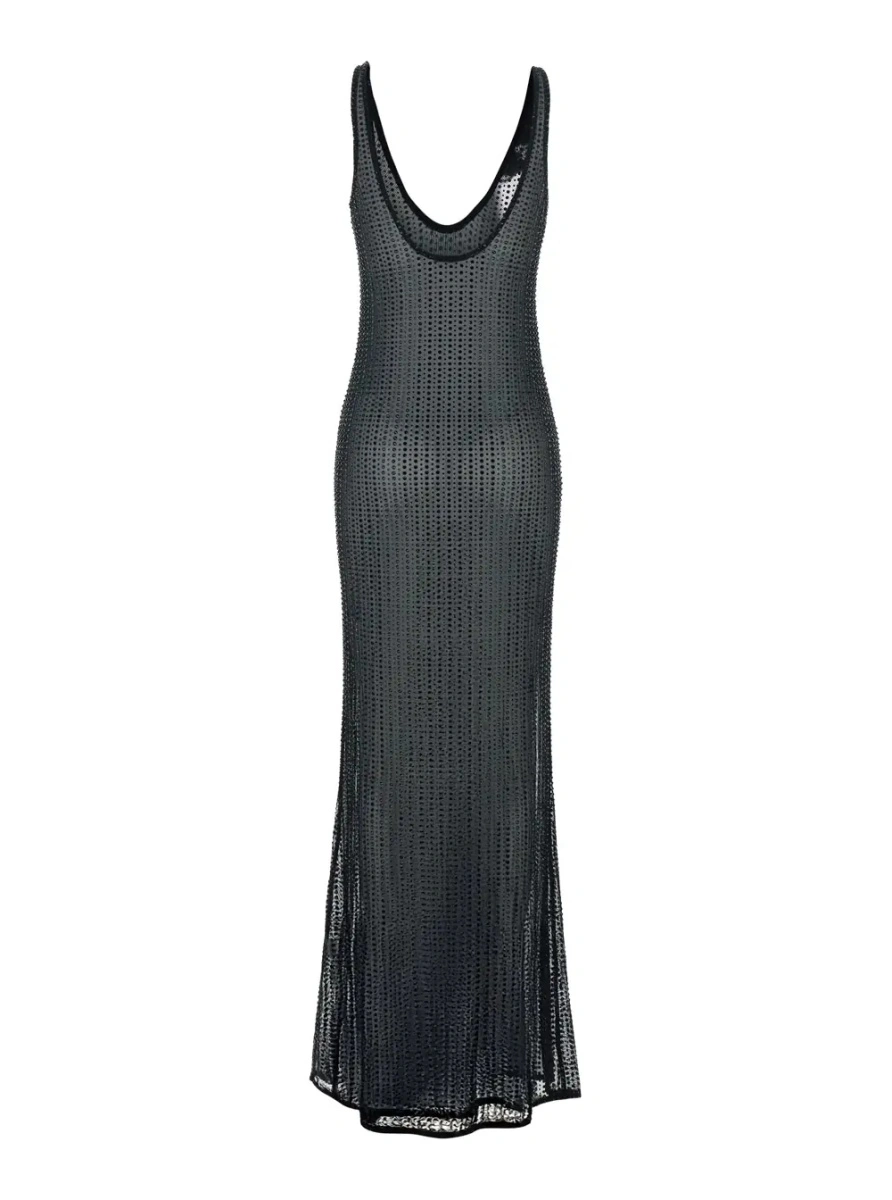 Rochii Malibu Dress with V-Neck and All-Over Crystal Decoration in Black Stretch Tech Fabric for Women - Img 2