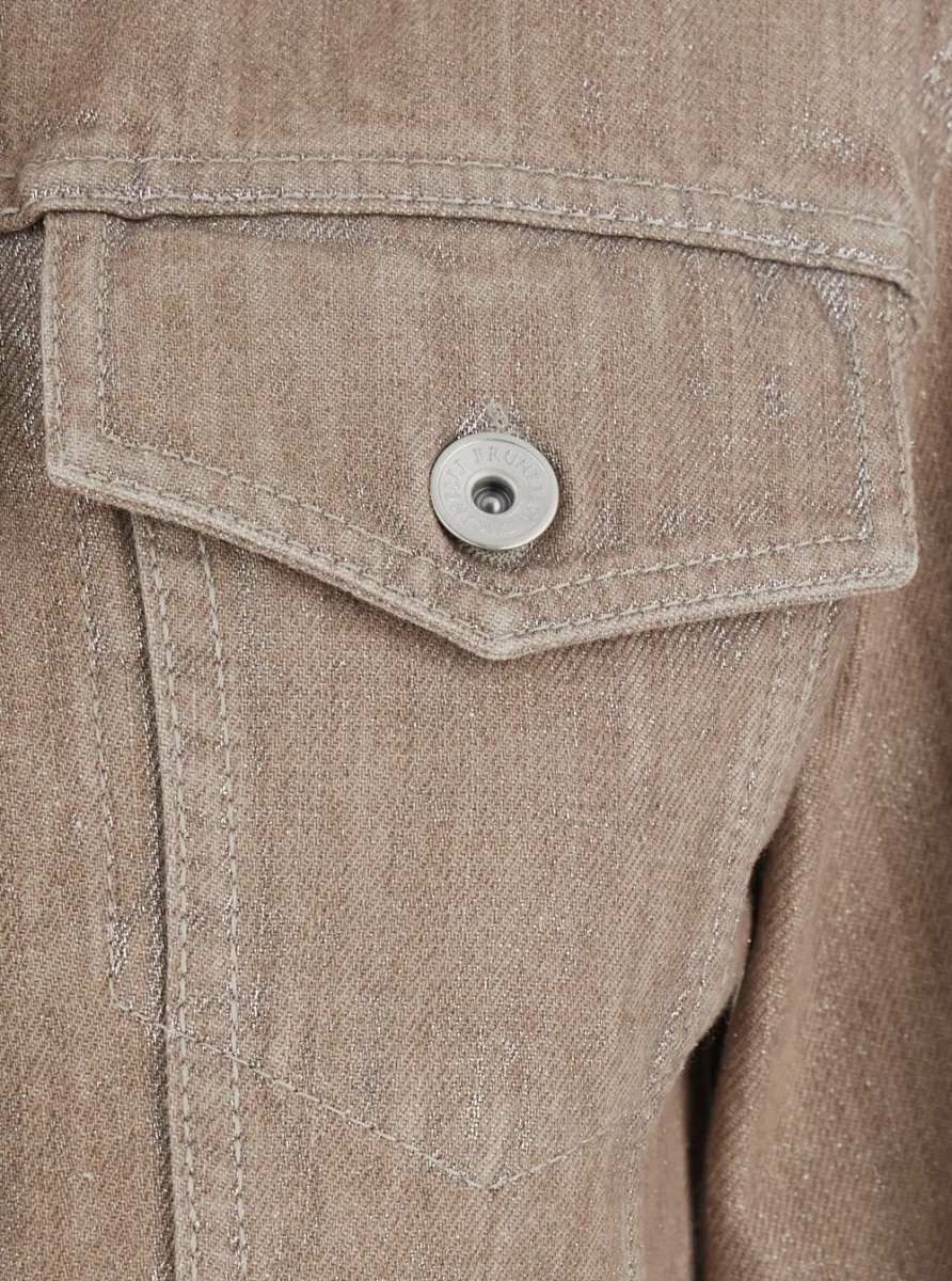 Sacou Beige Jacket with classic collar and two flap pockets on the front in denim for women - Img 3