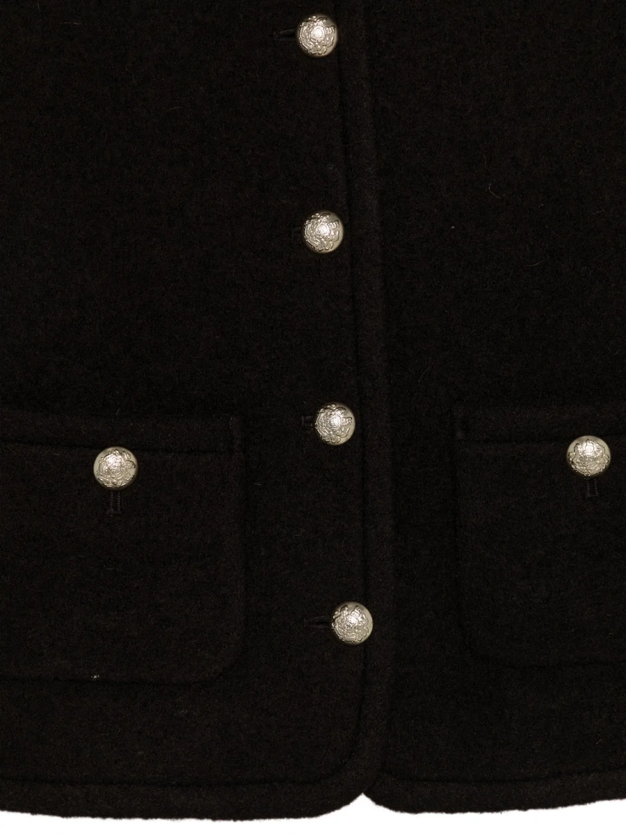 Sacou Brown Round-Neck Jacket with Jewel Button Closure in Wool for Women - Img 5