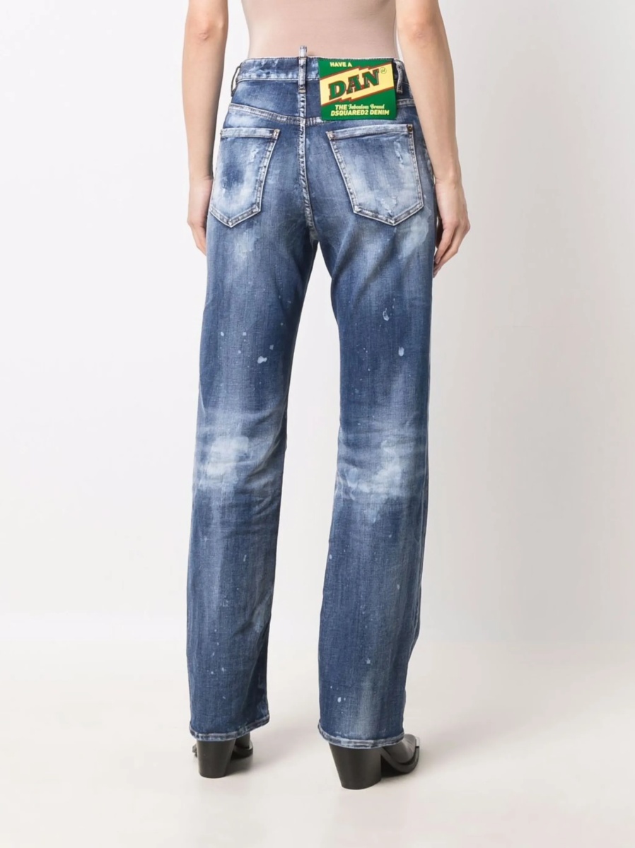 Blugi drepti DSQUARED2 albastri din bumbac si piele - Img 4