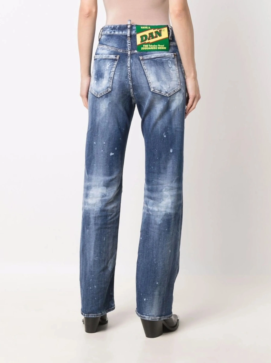 Blugi drepti DSQUARED2 albastri din bumbac si piele - Img 4