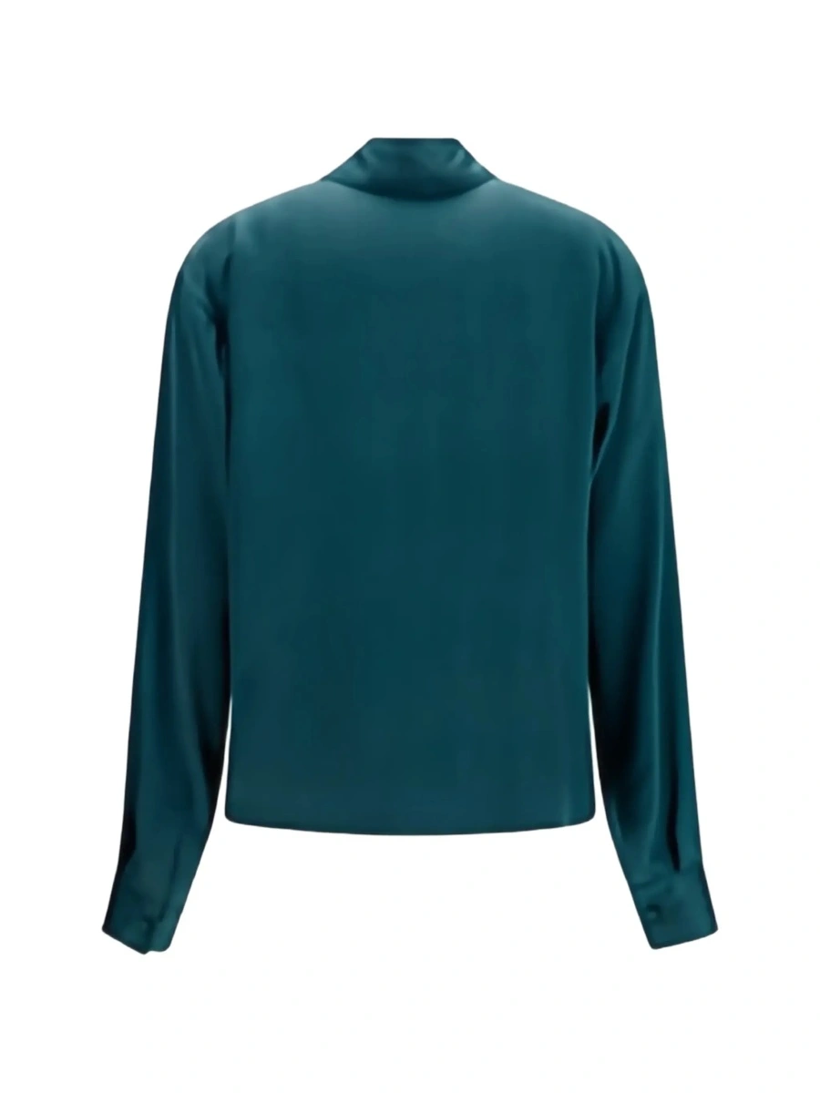 Camasa Green Shirt with wide collar and V-neck in silk for women - Img 4