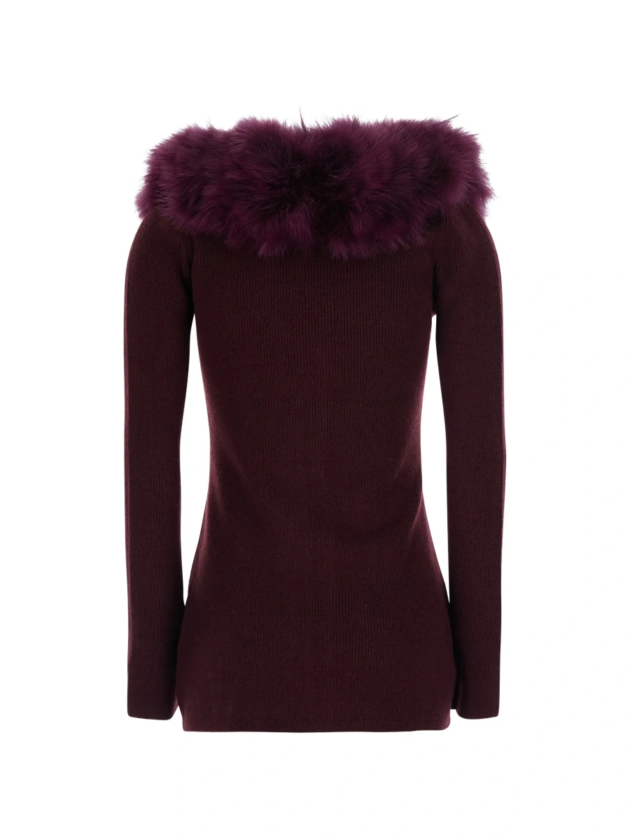 Cardigane Bordeaux Cardigan with V Neck and Removable Fur Collar in Wool for Women - Img 5