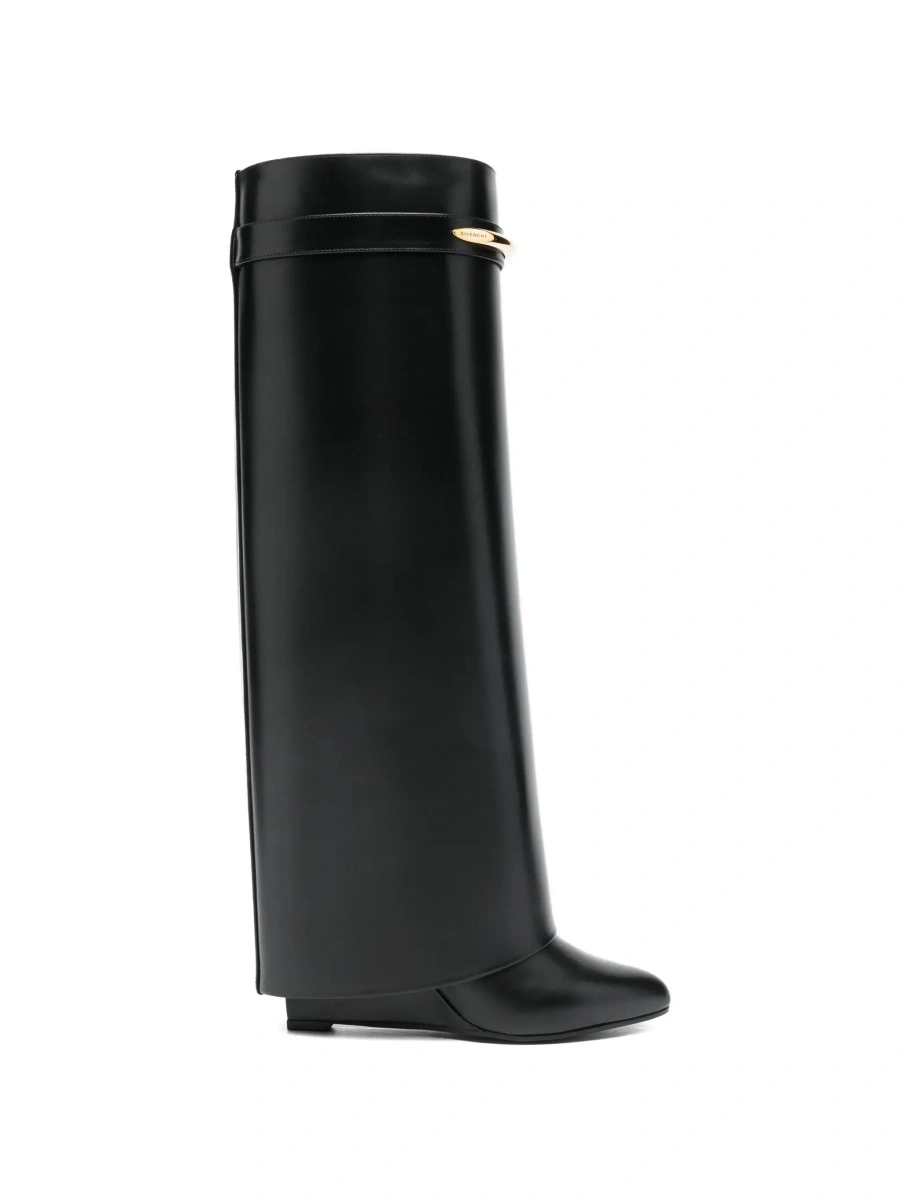 Cizme High Wedge Heeled 'Shark' Pointed Boots with Logo Plate on the Front in Black Leather for Women - Img 7