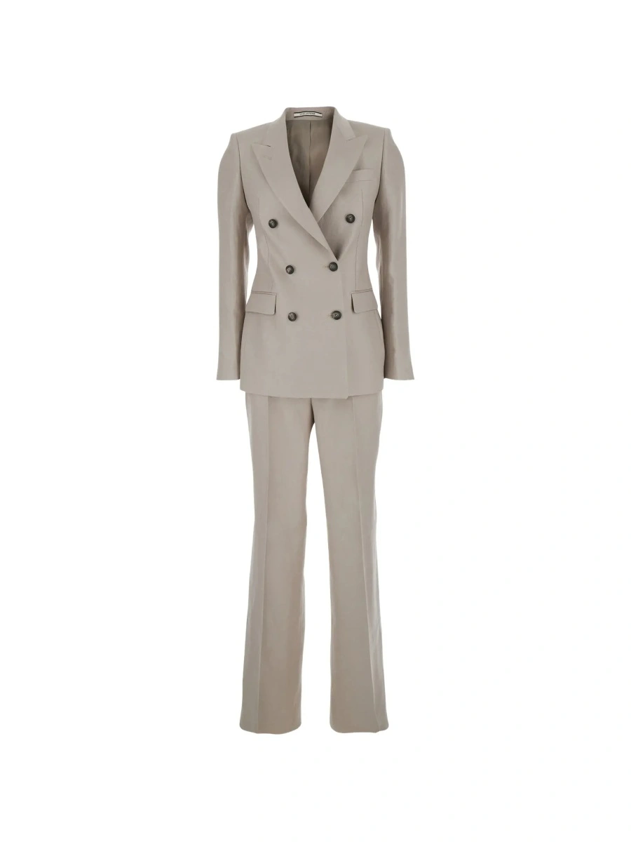 Costum beige Double-breasted suit in linen blend for women - Img 6