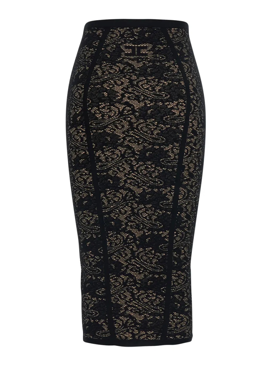 Fusta Black Midi skirt with elasticated waist and all-over lace embroidery in viscose blend for women - Img 2