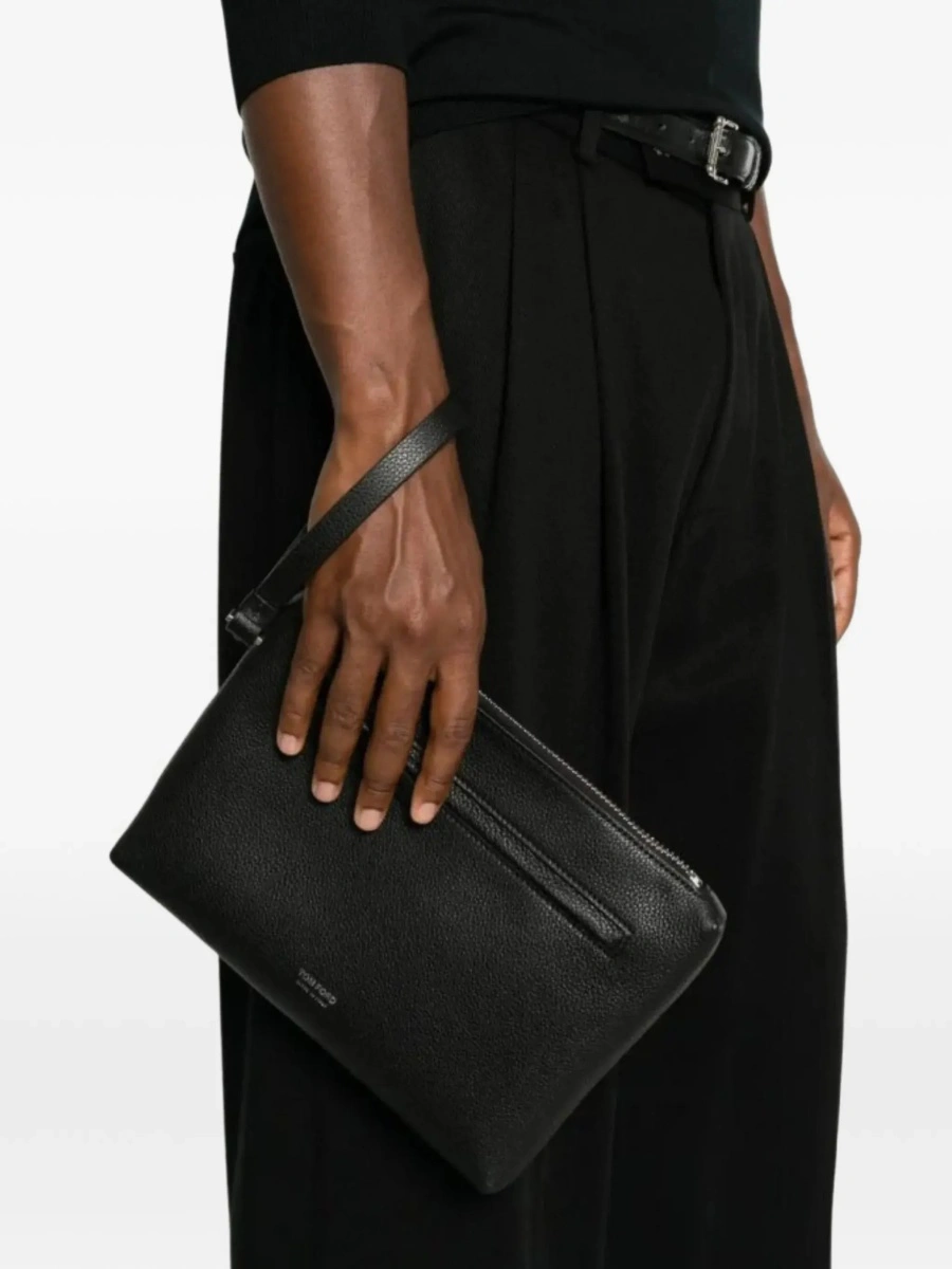 Geanta de mana Black Clutch with wrist strap and Logo lettering on the front in leather for men - Img 4