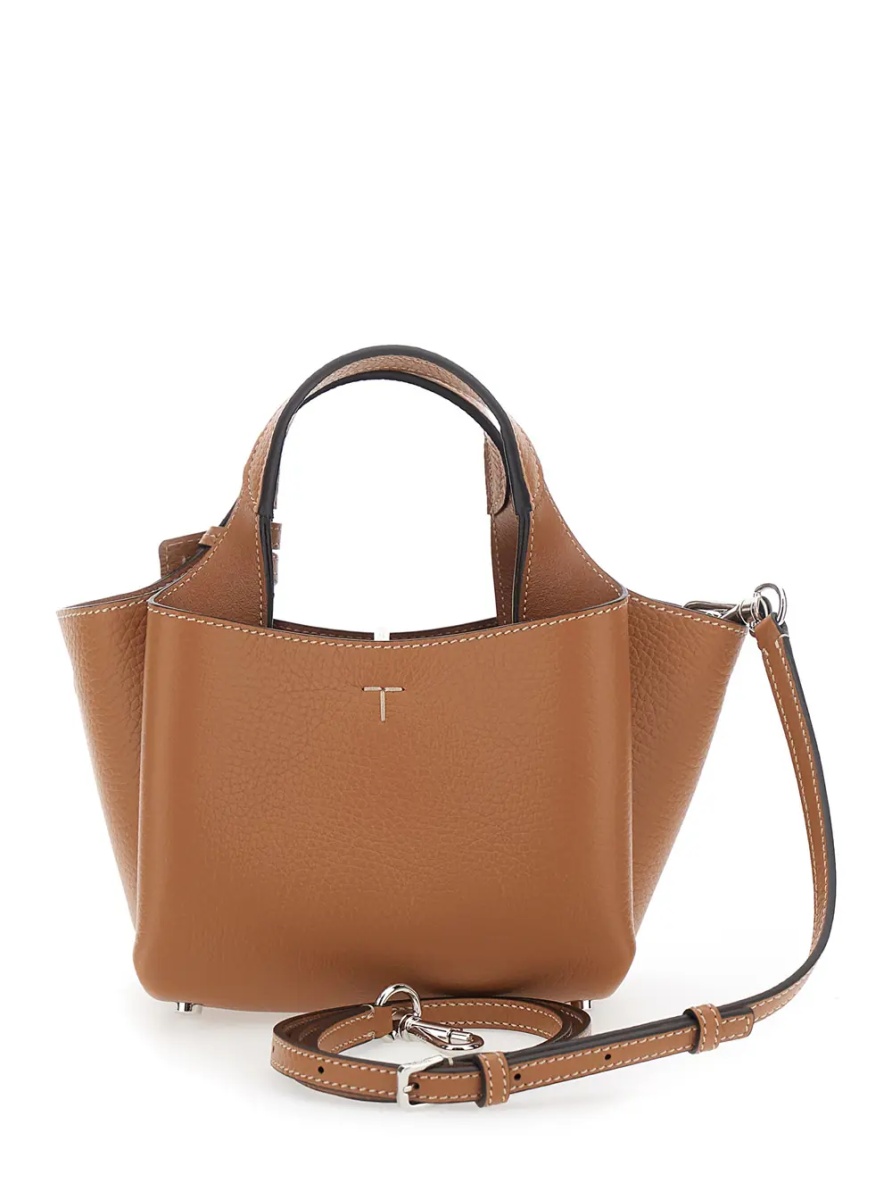 Geanta de mana Brown Handbag with adjustable and removable shoulder strap and T plaque pendant on the front in grained leather for women - Img 2