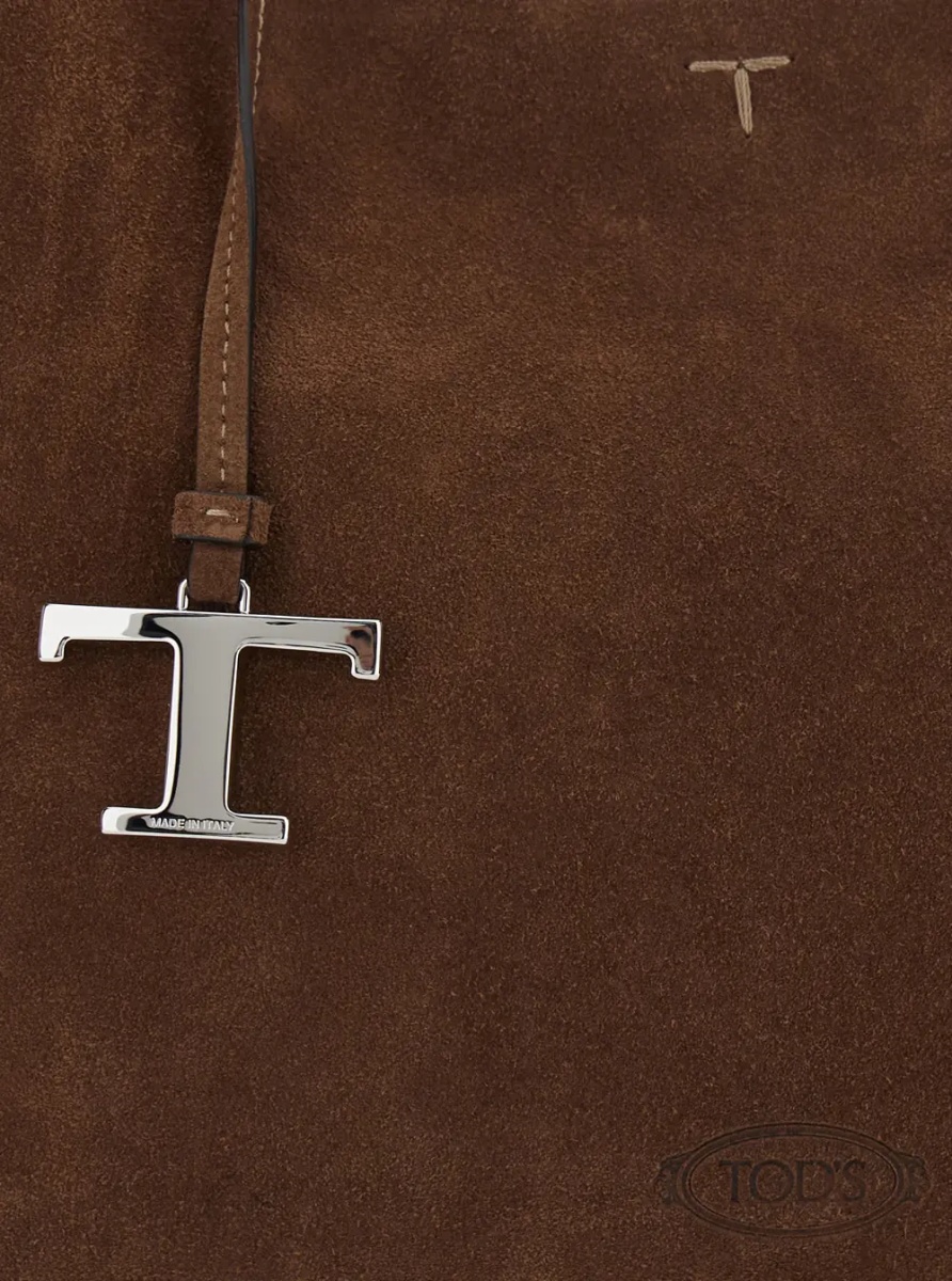 Geanta de mana Brown Handbag with Adjustable and Removable Shoulder Strap and T Plaque on the Front in Suede for Women - Img 3