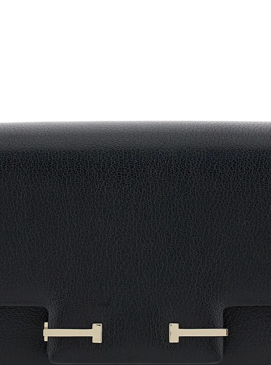 Geanta de umar Black Crossbody Bag with Adjustable Shoulder Strap and T Plaque Closure in Grained Leather Woman - Img 3