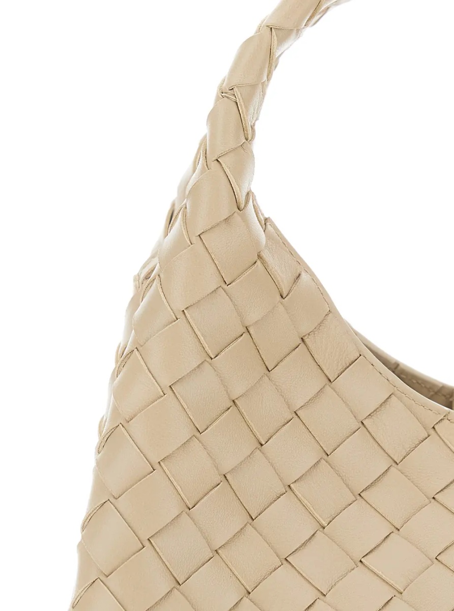 Geanta de umar 'Campana' Beige Small Shoulder Bag with Drawstring Closure and Intreccio Motif in Leather for Women - Img 2