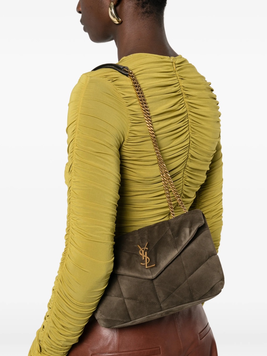 Geanta de umar Saint Laurent Puffer maro din piele intoarsa - Img 2