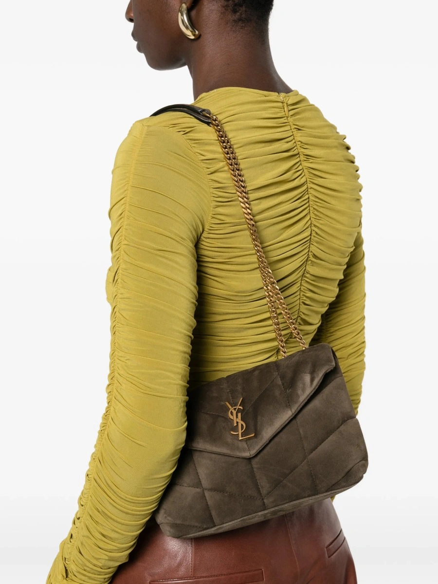 Geanta de umar Saint Laurent Puffer maro din piele intoarsa - Img 2