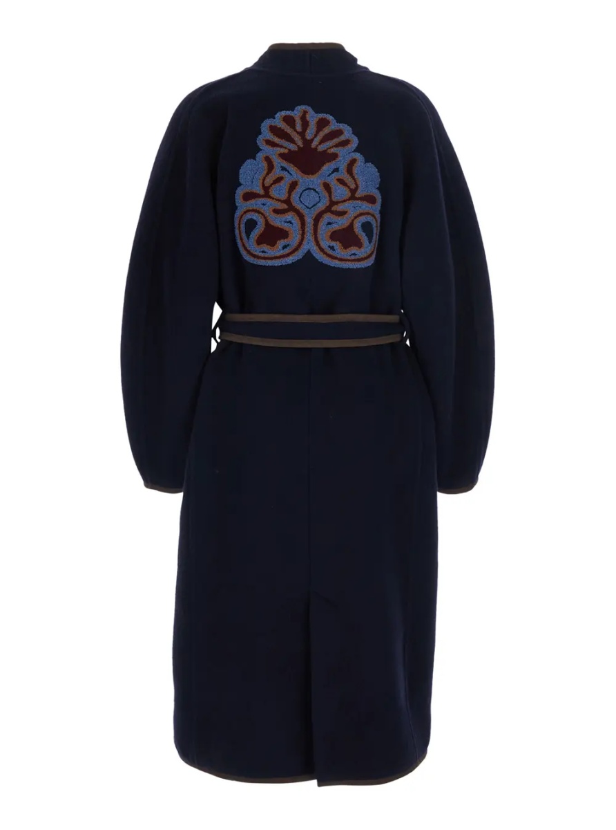 Paltoane blue Coat with embroidery on the back and waist belt in fabric for women - Img 2