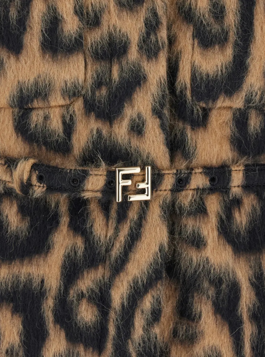 Paltoane Multicolor Coat with FF Buckled Belt on the Front and All-Over Leopard Motif in Wool Blend Woman - Img 3