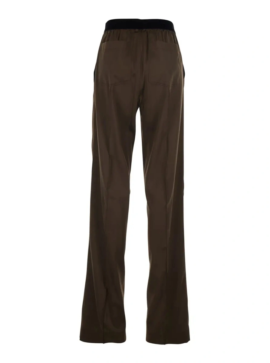 Pantaloni Brown Pants with Elastic Waist and logo lettering in Stretch Silk for Women - Img 2