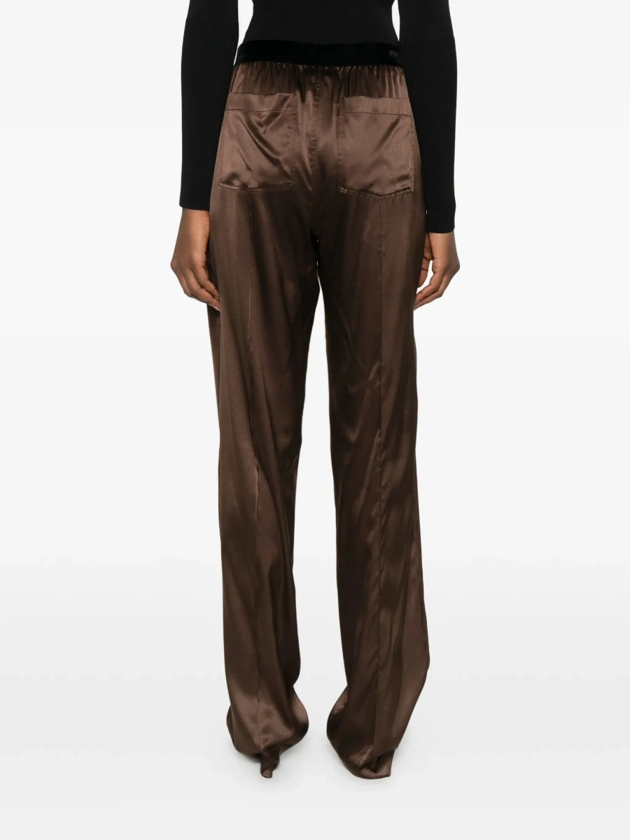 Pantaloni Brown Pants with Elastic Waist and logo lettering in Stretch Silk for Women - Img 6
