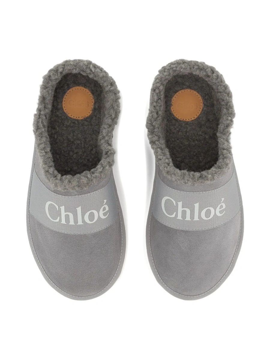 Papuci Chloe gri din piele intoarsa si material textil - Img 5