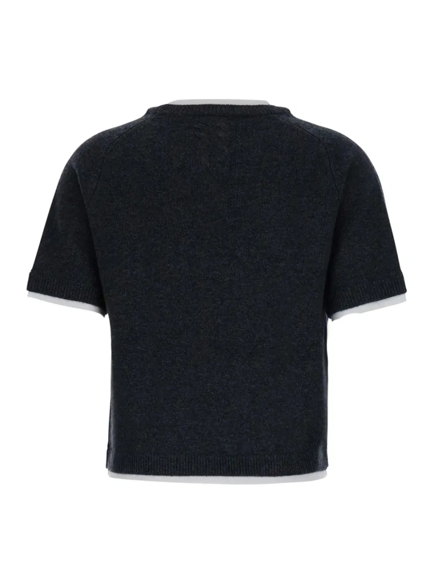 Pulover 'Aida' Gray short sweater with contrasting round neck in wool and cashmere for women - Img 2