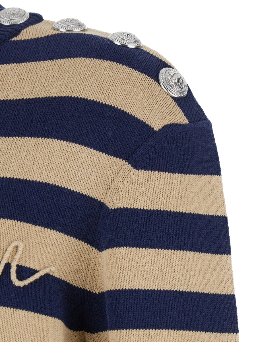 Pulover Blue Crewneck Sweater with Logo Lettering on the Front and All-Over Striped Motif in Wool Woman - Img 5