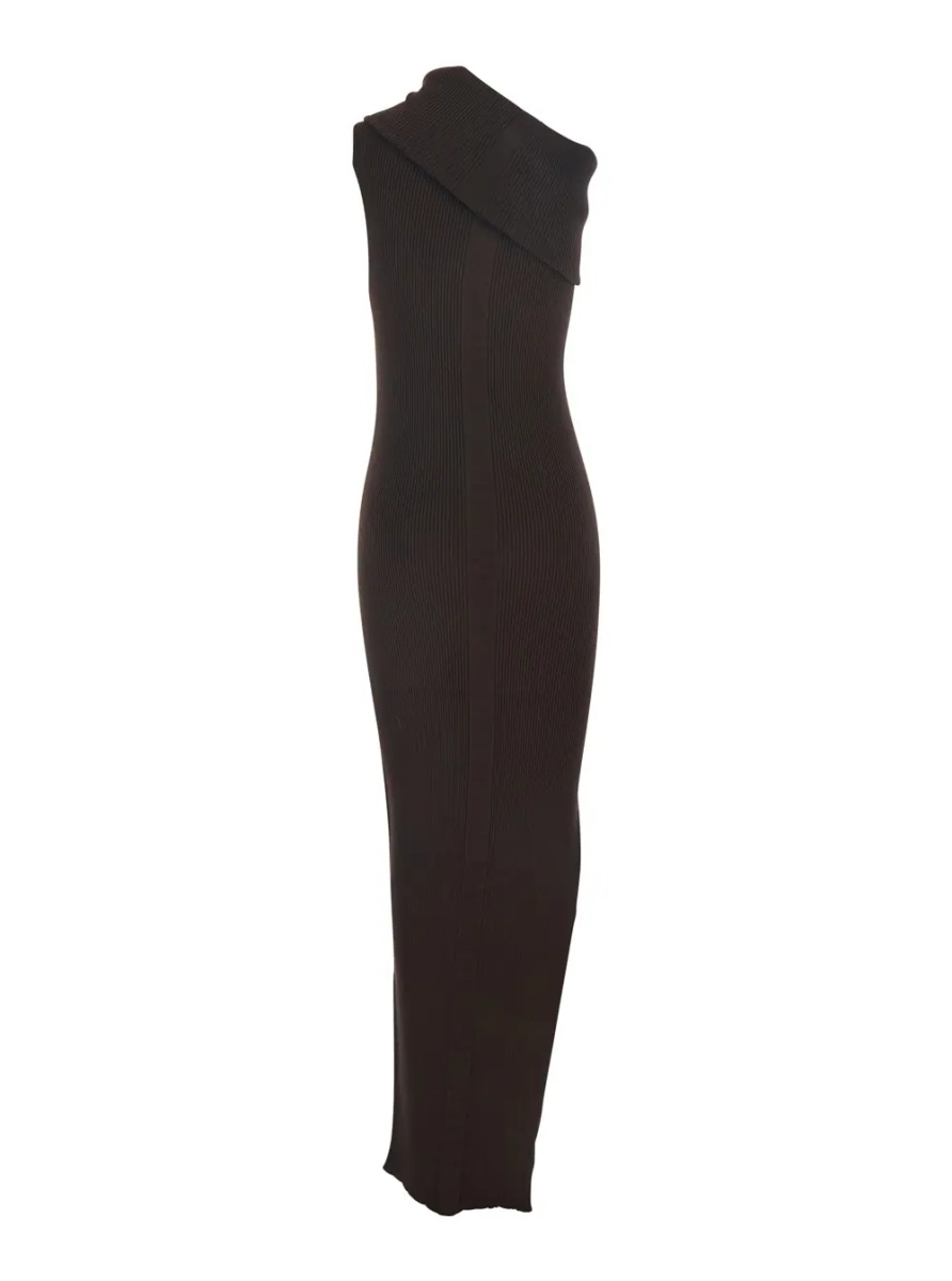 Rochii 'Athena' Brown Ribbed Knit Sleeveless Asymmetric Long Dress with Wide Neckline in Viscose Blend Woman - Img 2