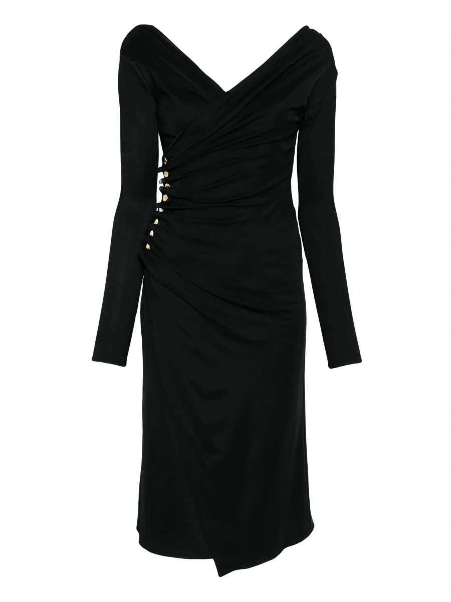 Rochii Black Draped Dress with Asymmetric Hem and V Neck in Viscose Stretch Woman - Img 7