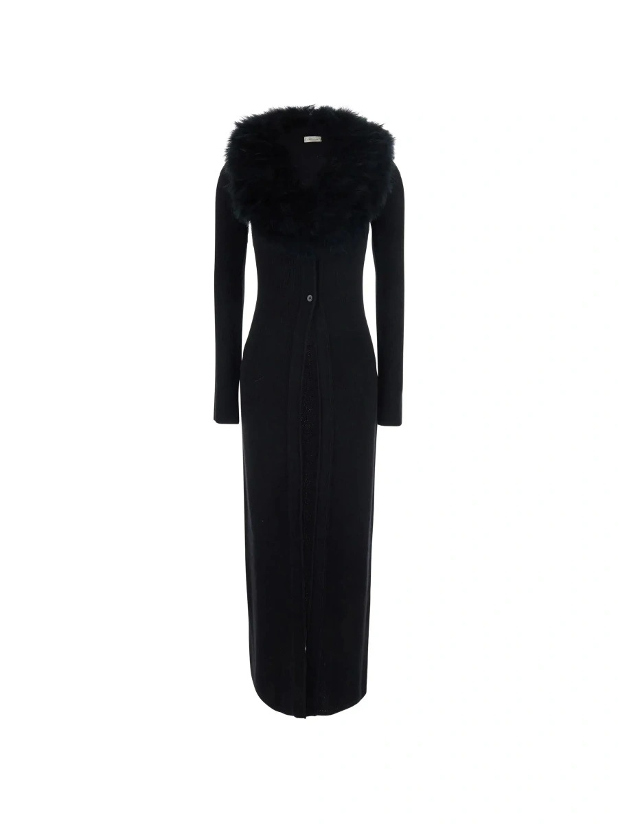 Rochii Black Long Dress with High Fur Collar in Wool for Women - Img 8