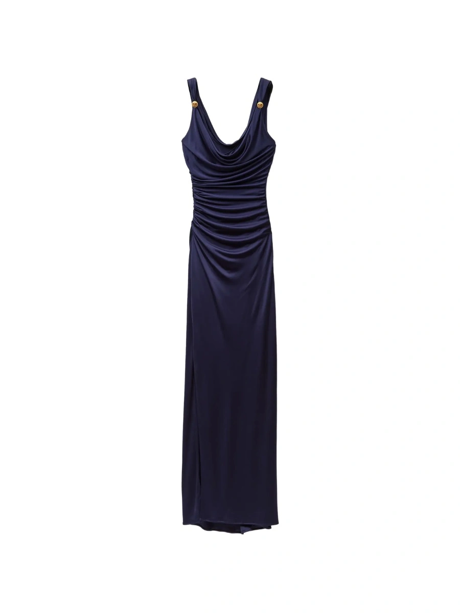 Rochii Blue Long Dress with V-Neck and Applied Medusa Buttons in Viscose for Women - Img 5