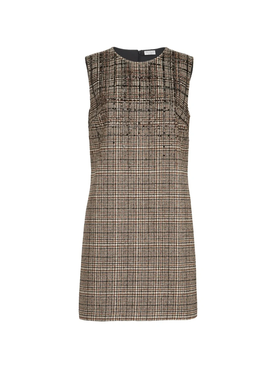 Rochii Brown Sleeveless dress with round neckline and all-over check motif in wool blend for women - Img 8