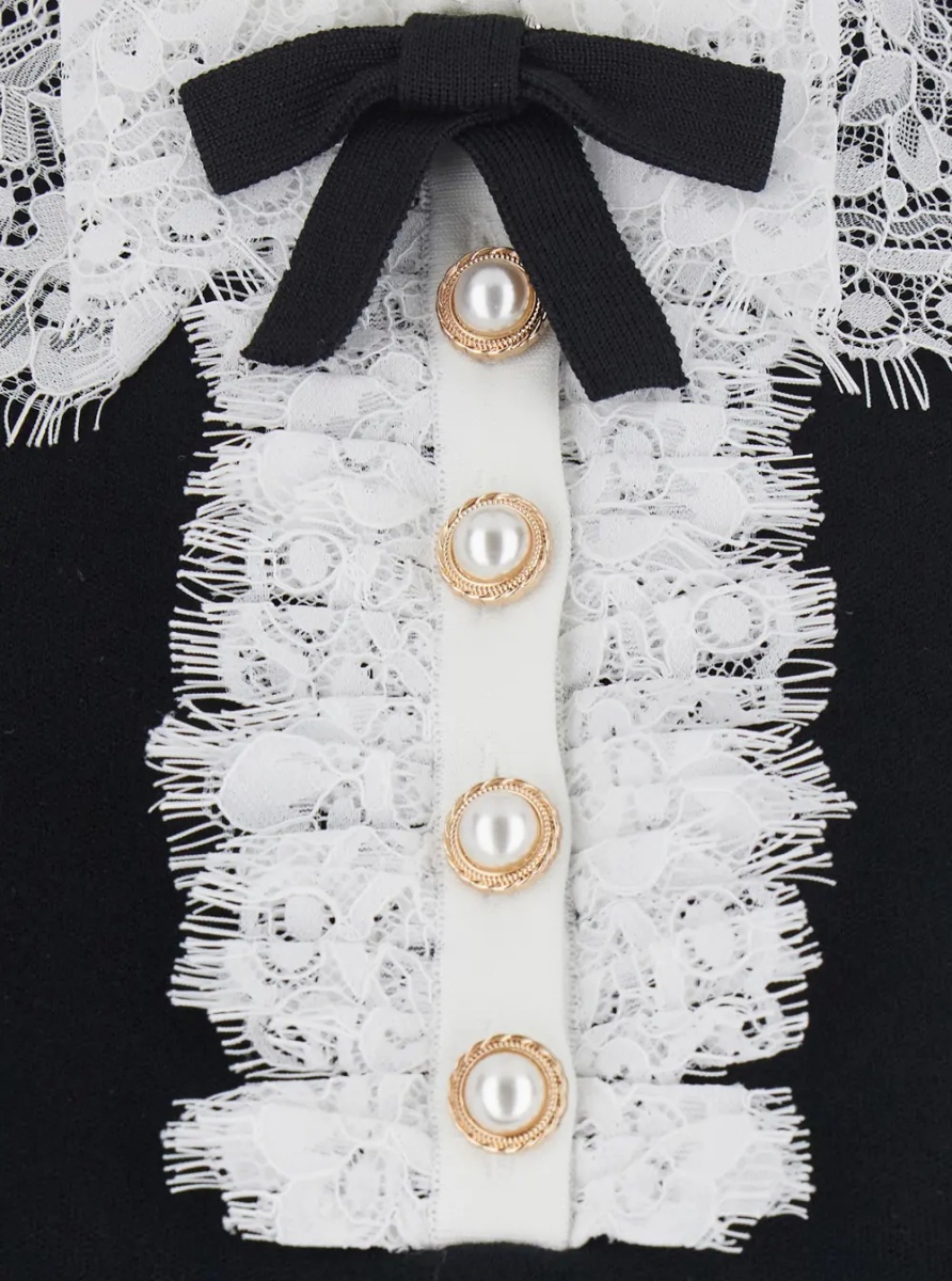Topuri black Top with collar with lace details in wool for women - Img 3