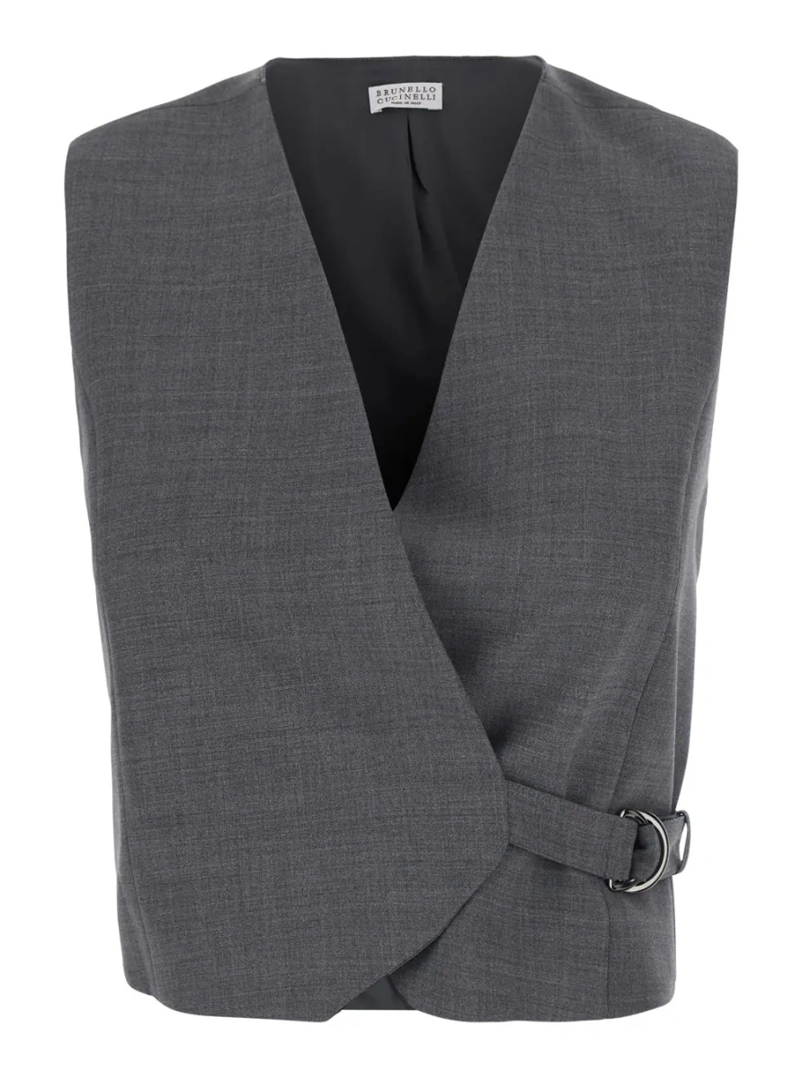 Topuri Grey Sleeveless top with V-neck and side buckle closure in wool blend for women - Img 3