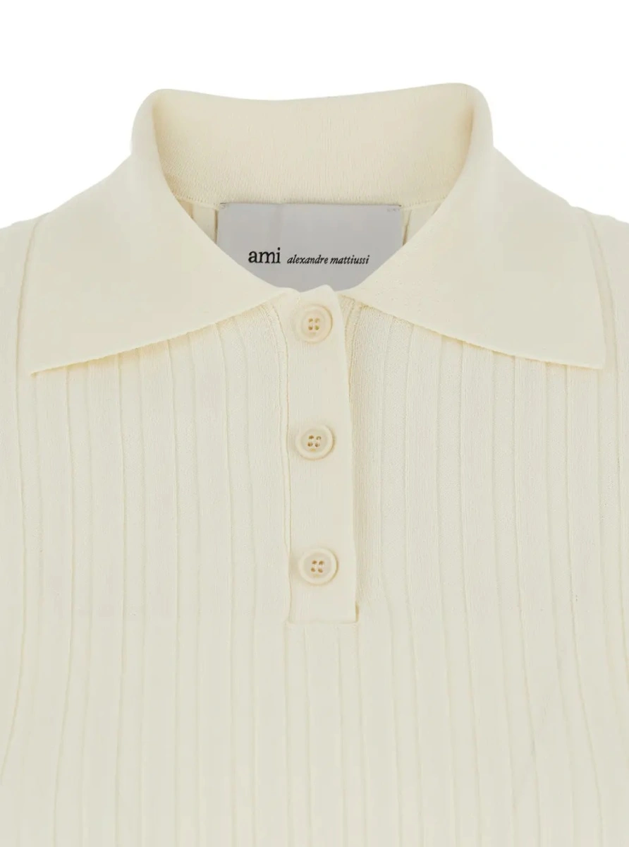 Tricou polo AMI Paris alb din vascoza - Img 3