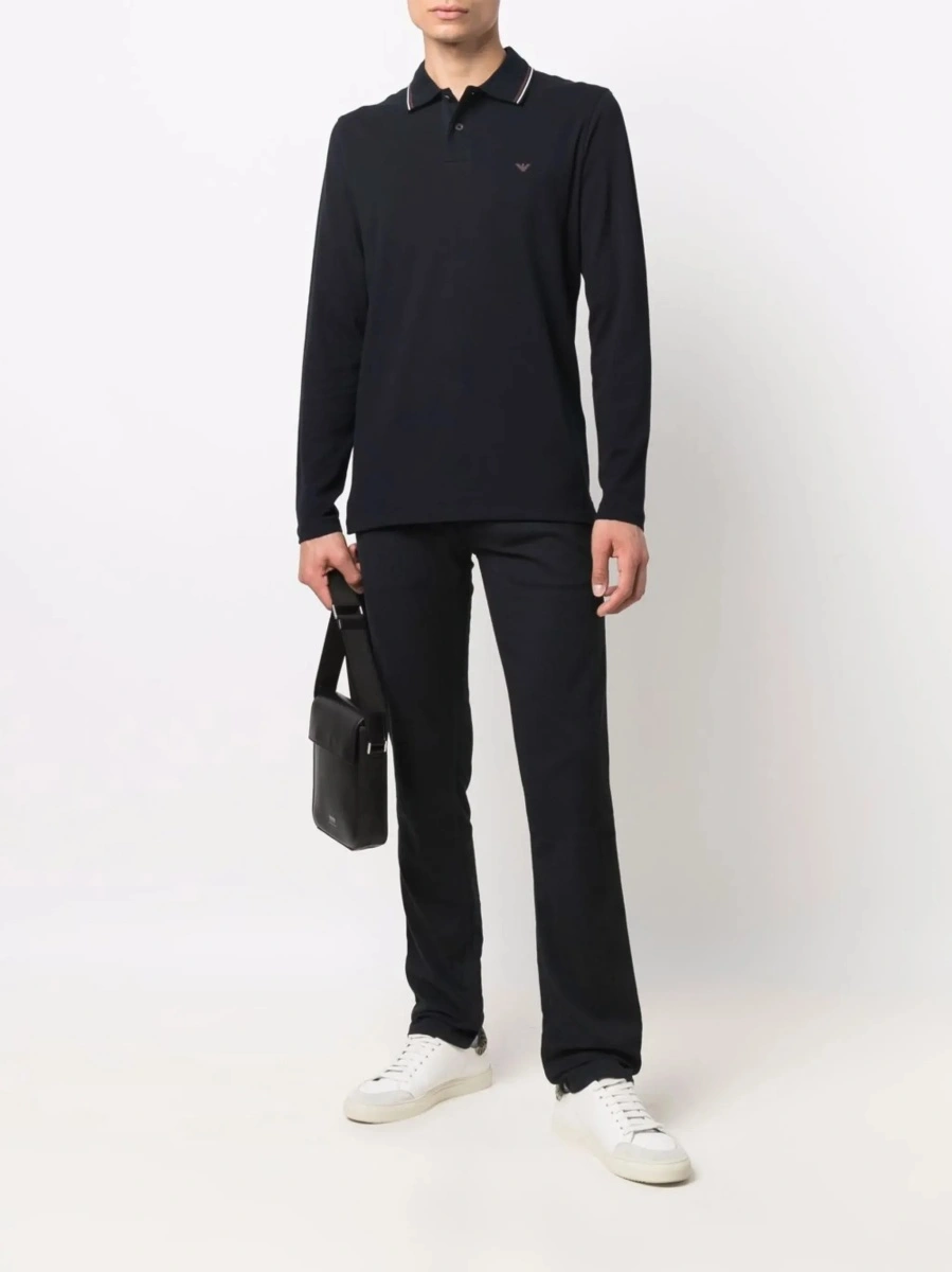 Tricou Polo Long Sleeve Polo with Logo Embroidery in Stretch Cotton Blue Men - Img 4