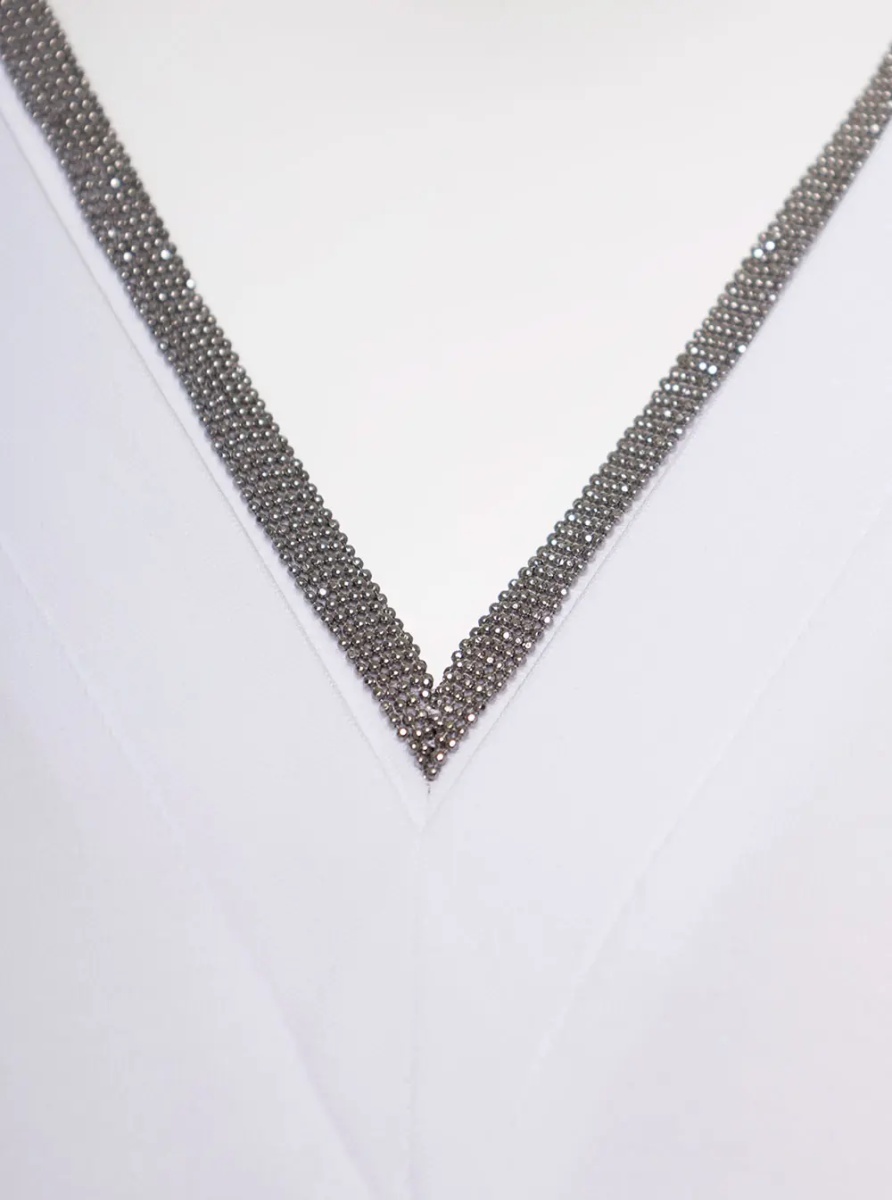 Tricou White V-Neck T-Shirt with Monile Detail in Stretch Cotton Woman Brunello Cucinelli - Img 3